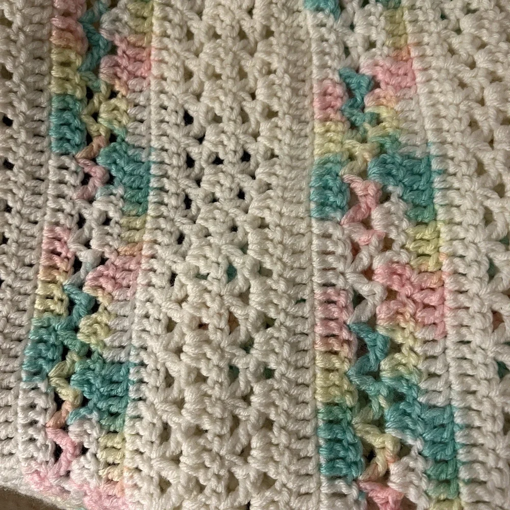 Baby Afghan Blanket Crochet White Pink Green 50 x 36 Handmade Nursery Lap Quilt